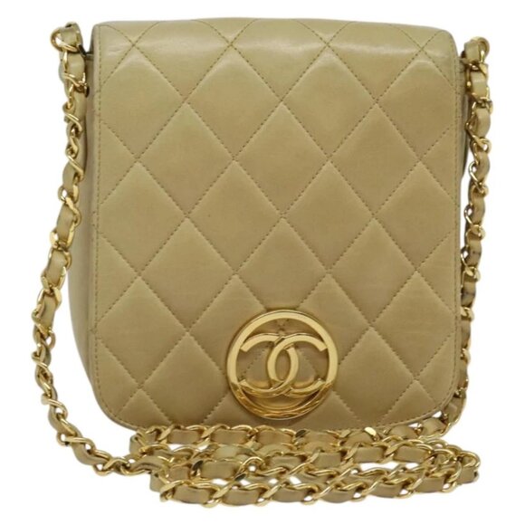 CHANEL Matelasse Chain Shoulder Bag Lamb Skin Beige Gold CC Auth BA3639 - Picture 1 of 14